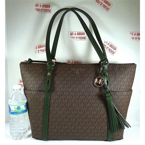 Michael Kors Nomad MK BROWN Green Top Zip Large Tote Shoulder Bag